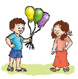 A boy is holding three balloons in his hand and a girl is standing empty handed.