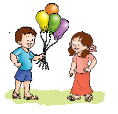 A boy is holding four balloons in his hand and a girl is standing empty handed.