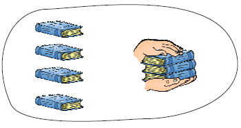 The first part of the image shows four books and the second part of the image shows three books are taken away.