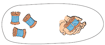 The first part of the image shows three rolls of thread. The second part of the image shows two rolls of thread are taken away.