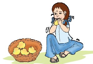 A girl is eating one mango from the basket.