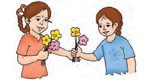 The girl who had five flowers in hand gives two flowers to another girl.