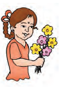 A girl is holding five flowers in her hand.