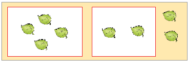 The first part of the image shows four leaves in a box, the second part of the image shows two leaves in the box and two outside it.