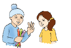 A boy is holding three pencils in his hand and a girl is standing next to him, empty handed.