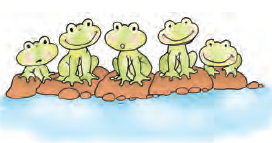 Five frogs are sitting near a pond.