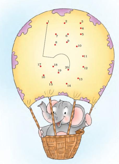 Numbers from one to twenty are to be joined on a hot air balloon, in which an elephant is sitting.
