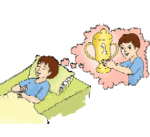 A boy is sleeping and dreaming about winning a trophy.