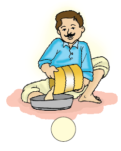 The man is putting flour in a bowl from a container.