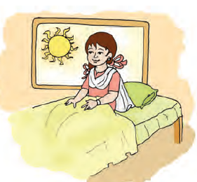 The Sun is shining brightly and a girl woke up in her bed.