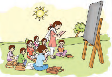 Children are sitting in a ground with their bags and studying and the teacher is teaching them.