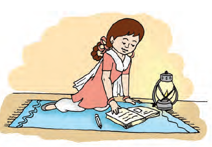 The girl is sitting on a mat and studying. There is a lamp kept near her.