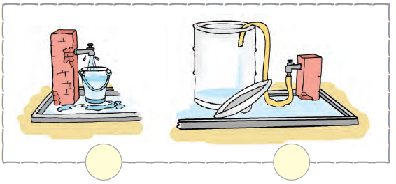 The first part of the image shows a bucket put under a tap. The second part of the image shows a pipe connected to the tap for filling the water in a large bucket.