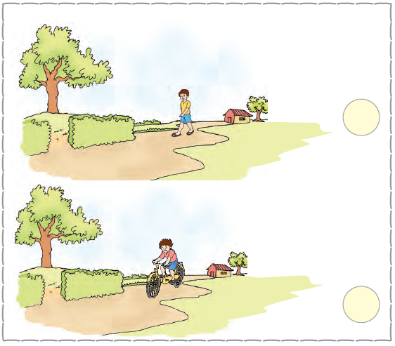 The first image shows a boy walking on a road.  The second image shows a boy riding a bicycle.