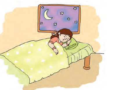 The girl is sleeping in her bed at night. The Moon and stars are shining in the sky.