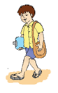 A boy is walking carrying his school bag and his lunch box.