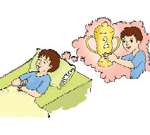 A boy is sleeping and dreaming about winning a trophy.