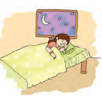 The girl is sleeping in her bed at night. The Moon and stars are shining in the sky.