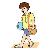 A boy is walking carrying his school bag and his lunch box.