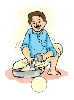 The man is adding water to the flour.