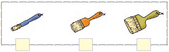 There are three painting brushes in a row, the first one is the thickest and  the last one is the thinnest.