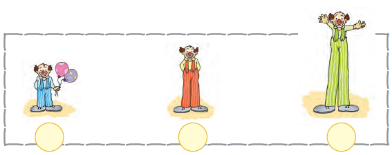 There are three jokers, the first one is the shortest, holding two balloons in his hand, the last one is the tallest.