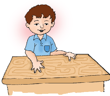 A boy is measuring the length of a table with her hands.