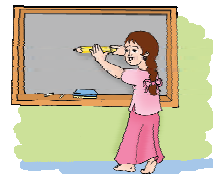 A girl is measuring the blackboard of her classroom using her pencil.