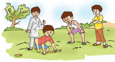 A boy is measuring the length of a  park using a wooden stick. Three boys are looking at him.