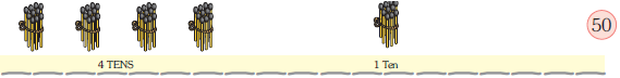 There are four bundles of ten matchsticks at the tens place and one bundle of ten  matchsticks at the ones place. The number is fifty.s