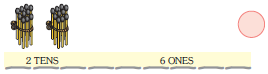 There are two bundles of ten matchsticks at the tens place and ___ matchsticks at the ones place, below it is written, six ones. The number is _____.