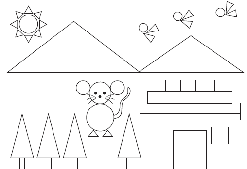 A scenery made by shapes. There is a round Sun with triangular rays. There are two triangle shaped mountains, three birds are flying, formed using a circle and two triangles. There are four triangle shaped trees, a house formed using square and rectangle shapes, there is also a cat formed using circle and small triangles.