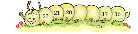 Numbers written in a caterpillar are twenty two, then twenty one, them twenty, then two blanks, them seventeen and last is sixteen.