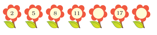 Number sequence written in flowers are two, next is five, then eight then eleven, them blank, then seventeen and again a blank.