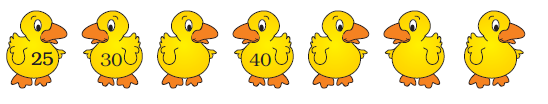 Number twenty five is written in first chick, thirty in the second chick, third chick is blank, forty is written in fourth chick, then three chicks are blank.