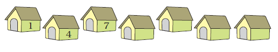 Number one is written in the first hut, four in the second hut, seven in the third hut and rest four huts are blank.