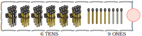 There are six bundles of matchstick, ten in each bundle at the tens place and  nine matchsticks are at the ones place, so six tens and nine ones make the number _____.