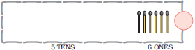 A blank space is given and below it is written, five tens. There are six matchsticks at the ones place and a blank space is given to form the number.