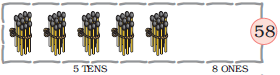 There are five bundles of matchstick, ten in each bundle at the tens place and ____matchsticks are kept separately at the ones place, below it, eight ones is written, such that the number formed is fifty eight.