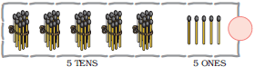 There are five bundles of matchstick, ten in each bundle at the tens place and five matchsticks are kept separately at the ones and a blank space is given to form the number.