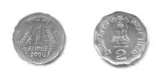 A one rupee coin and a two rupee coin.