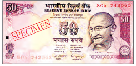 A fifty rupee note, it is rectangular in shape. It has pictures of Mahatma Gandhi, our national emblem and in the middle, number fifty is written.