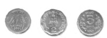 A one rupee coin, two rupee coin and a five rupee coin.