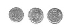 A one rupee coin, two rupee coin and a five rupee coin.