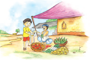 A boy is purchasing vegetables from a seller. He has cucumbers, potatoes, tomatoes, radish in different baskets.