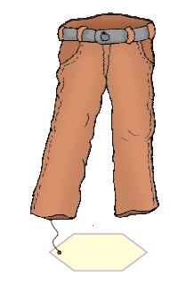 Trousers with a blank price label attached to it.