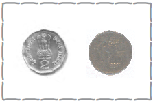 Both the sides of two rupee coin are shown, it is round shaped and on one side, number two is written and on top of its is our national emblem and  on the other side is the map of India.