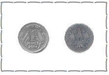 Both the sides of one rupee coin are shown, it is round shaped and on one side, number one is written and  on the other side is our national emblem, which has four lions standing back to back.