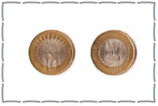 Both the sides of ten rupee coin are shown, it is round shaped and on one side, number ten is written and  on the other side is our national emblem, which has four lions standing back to back.