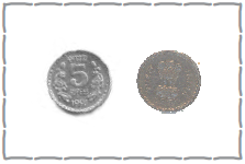 Both the sides of five rupee coin are shown, it is round shaped and on one side, number five is written and  on the other side is our national emblem, which has four lions standing back to back.